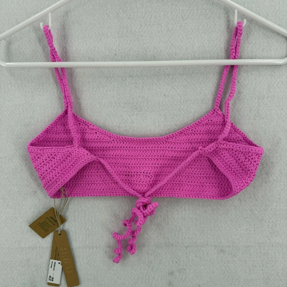 Skims Bikini Top‎ Womens Medium Pink Crochet Knit Bralette Swim Adjustable Tie